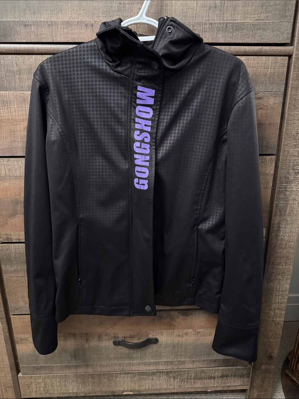 Black Hooded Jacket with Vertical Purple Text